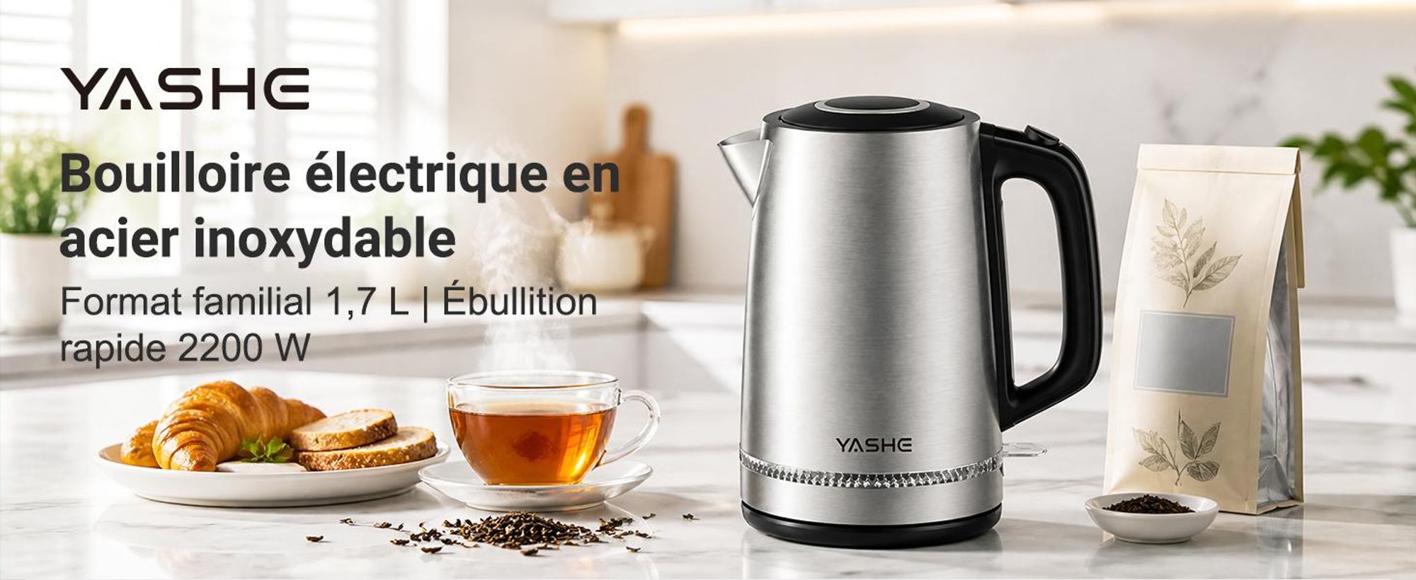 YASHE Wasserkocher Edelstahl 1,7L 2200W Mit Kalkfilter