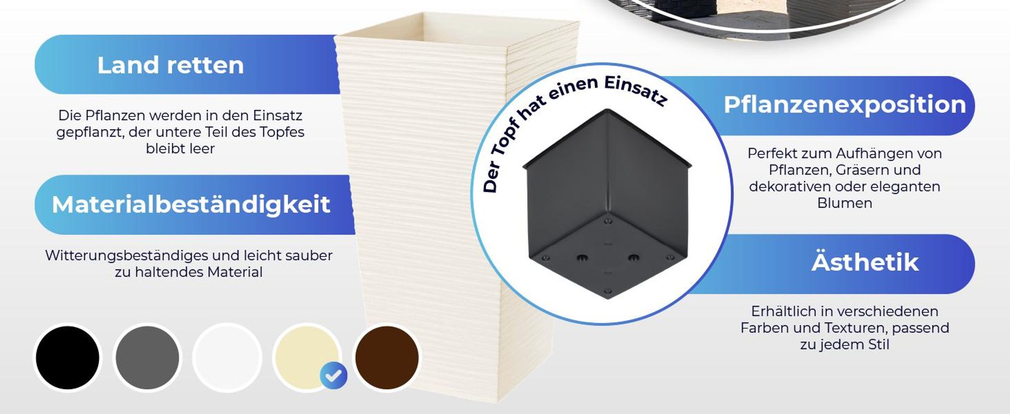 KADAX Blumentopf Set, Blumenkübel aus Kunststoff "Tuluza", Innen- und Außenbereich, Creme, 3er Set XXL