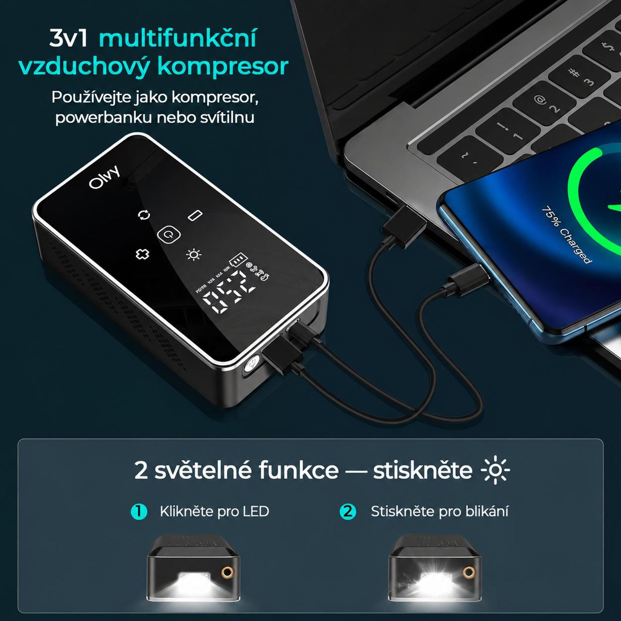 Olvy Elektrická vzduchová pumpa s powerbankou 6000 mAh - 12V mini kompresor do auta, na kolo, míče, nafukovací matrace, displej, LED, automatické vypnutí