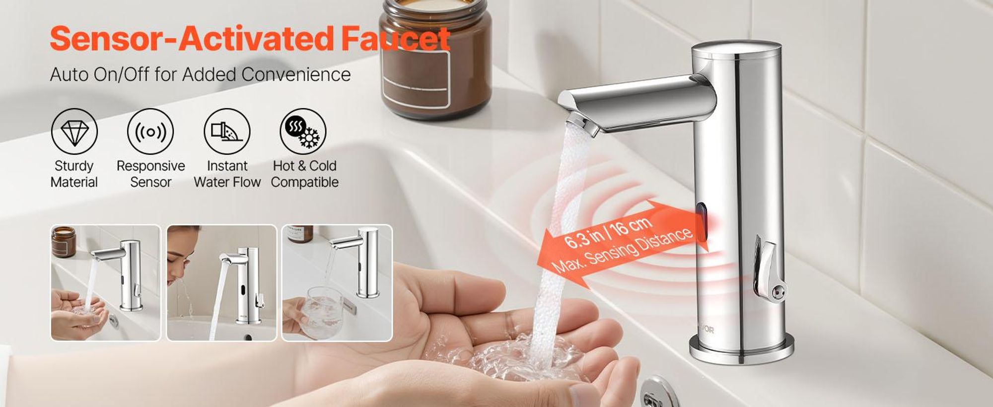 VEVOR Berührungslose Badezimmer-Wasserhahn, Automatischer Bewegungssensor-WC-Wasserhahn mit Lochabdeckplatte, Batteriebetrieben, Einstellbare Temperatur für 9,5 mm Rohr Gewerblicher Waschbecken, Matt Schwarz, Doppelsteuerung-g, T-Form