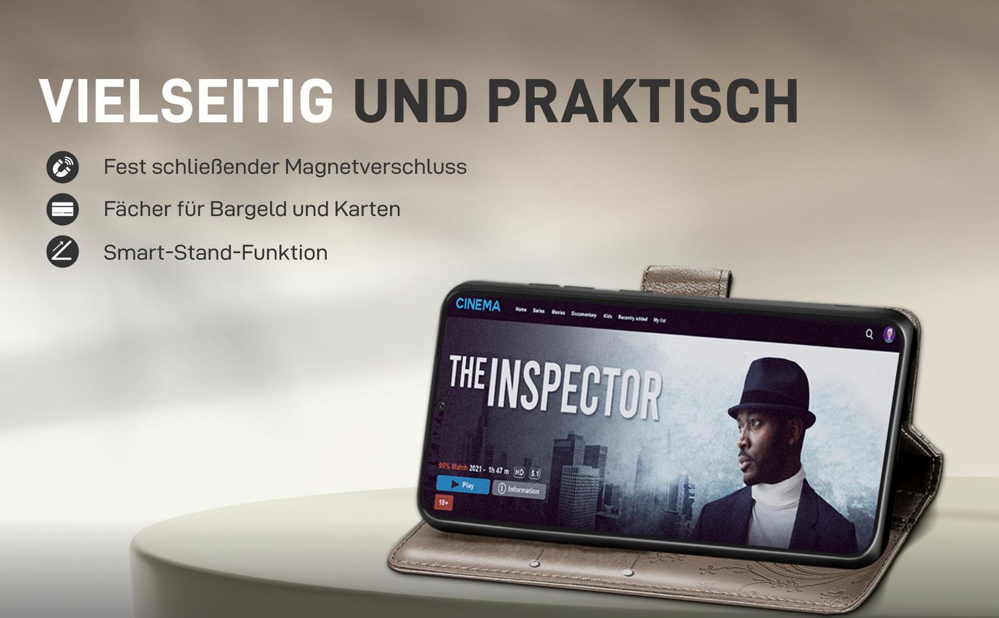 Graue Hülle für Xiaomi Redmi 15C mit  Aufstellmodus für komfortables Streaming