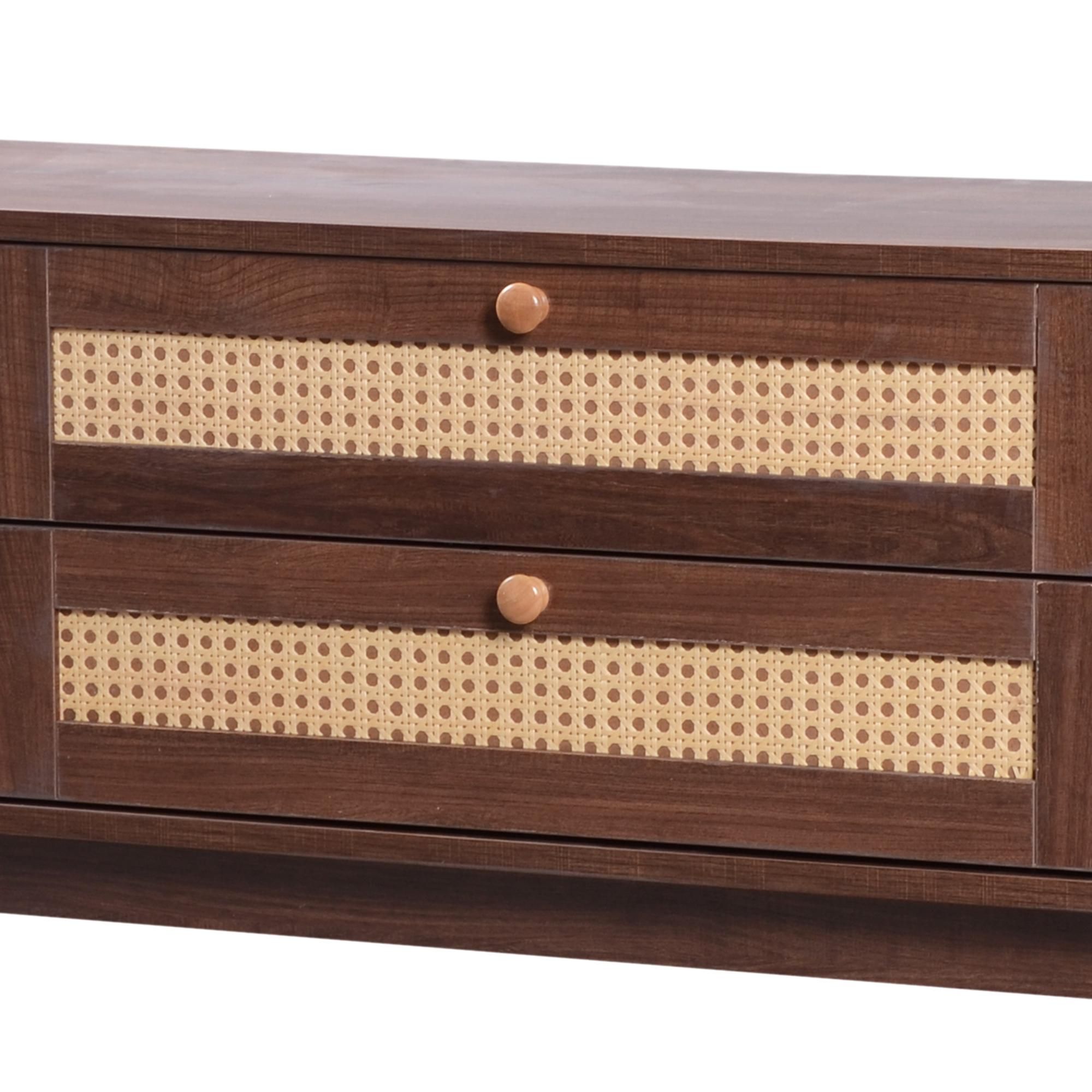 Merax TV-Schrank mit  2 Schubladen und 2 Bogenschiebetüren, Lowboard mit Rattan-Geflecht, Breite 170cm, Walnuss