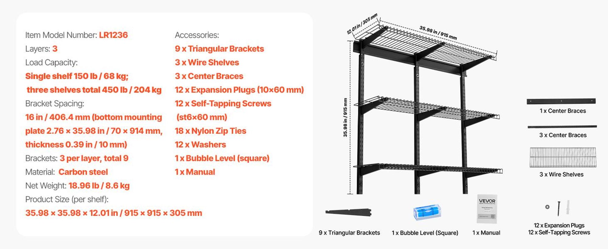 VEVOR 3-Stöckiges Garagenregal 915x915x305mm Werkzeugaufbewahrung 68 kg pro Schicht Werkzeughalter Wand 915x305 mm Regalfläche Aufbewahrungsregale Metallregal Werkzeug Organizer Wandregale