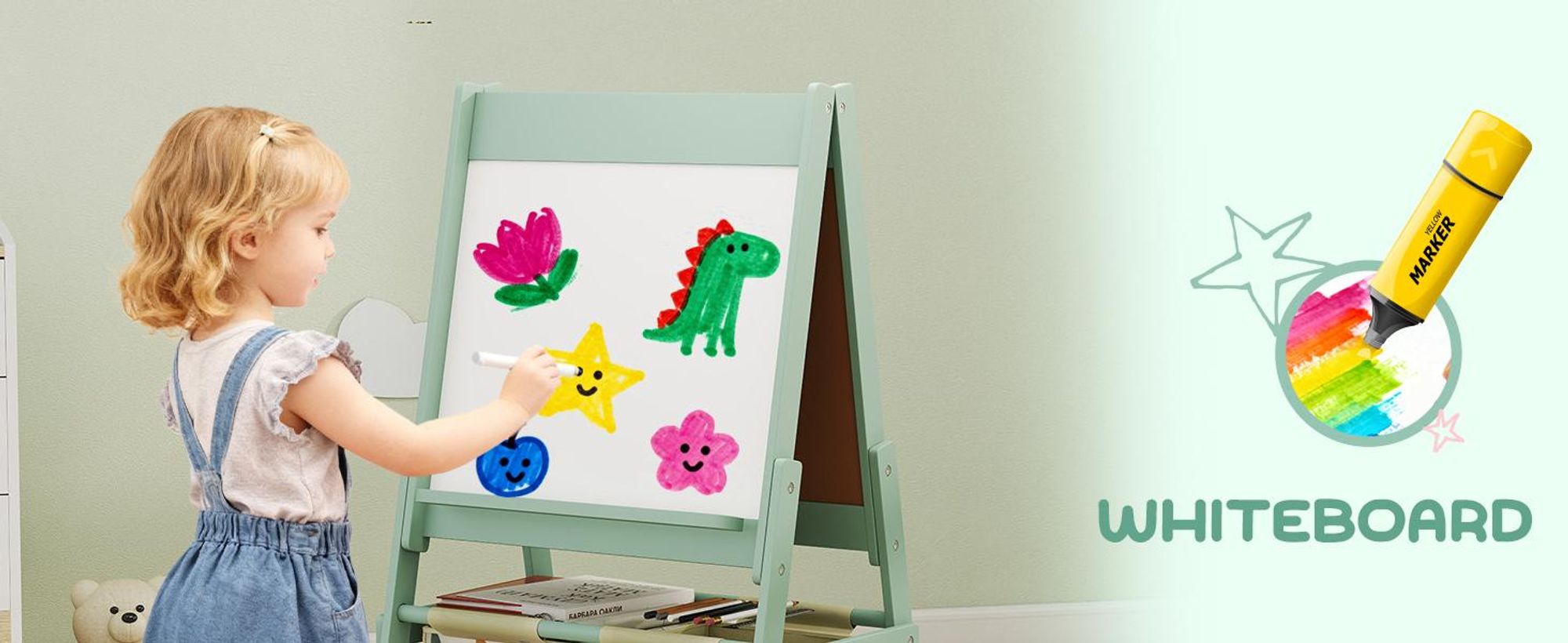 AIYAPLAY Kindertafel, 3 in 1 Kinder Staffelei Doppelseitig, mit Papierrolle