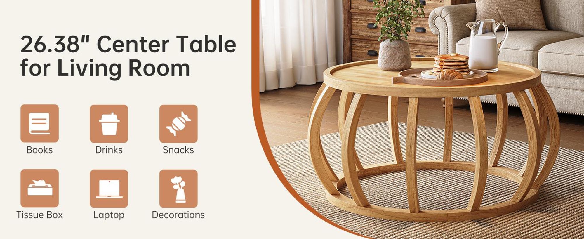 Couchtisch aus Massivholz, 80 cm runder Mitteltisch mit gebogenem Rahmensockel für das Wohnzimmer, einfache Montage, natürlich