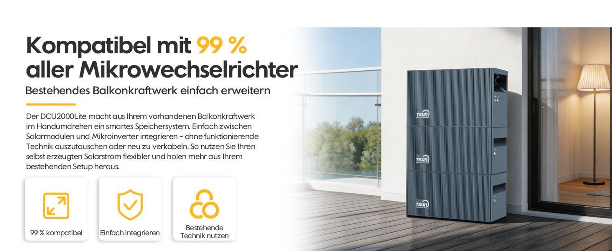 Balkonkraftwerk Speicher TSUN DCU2000Lite 2kWh (bis 10 kWh erweiterbar), 314Ah Industriezellen, 2400W PV Input mit Dual MPPT, Plug & Play (0% MwSt)