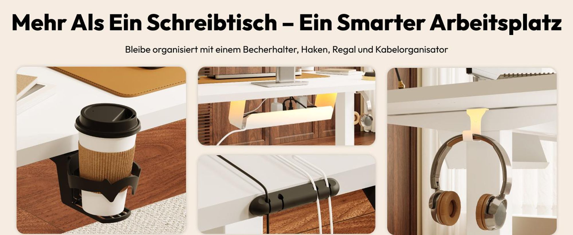 SANODESK QS1 Höhenverstellbarer Schreibtisch, EINTEILIGE TISCHPLATTE, 4 Memory-Funktion, 70 kg Tragkraft, Haken, Kabelmanagement, 110x54cm (Weiß)