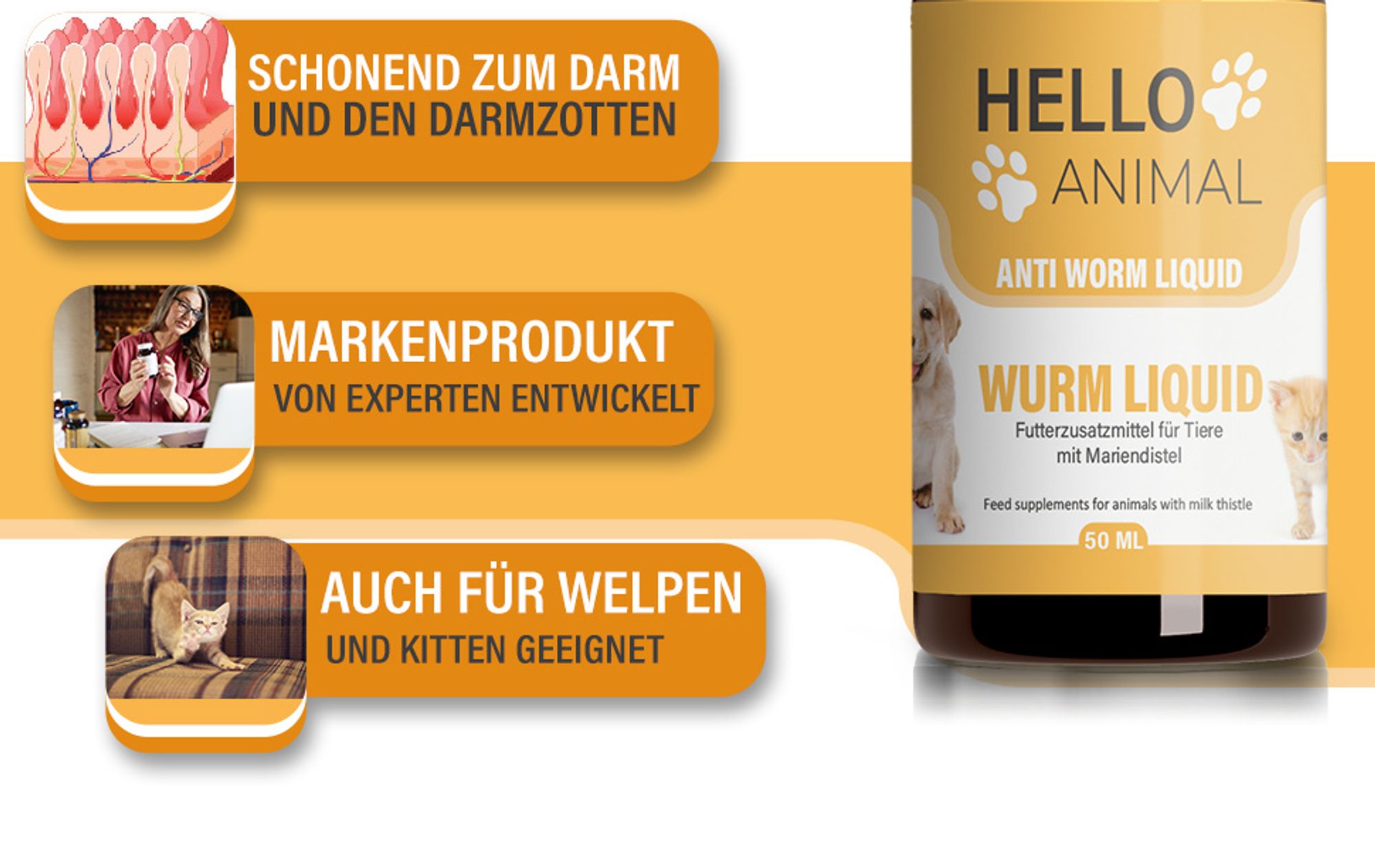 Hello Animal® Wurm Liquid – Entwurmungskur für Hunde, Katzen, Kaninchen & Geflügel – bei Wurmbefall - Wurmmittel Hund - entwurmen