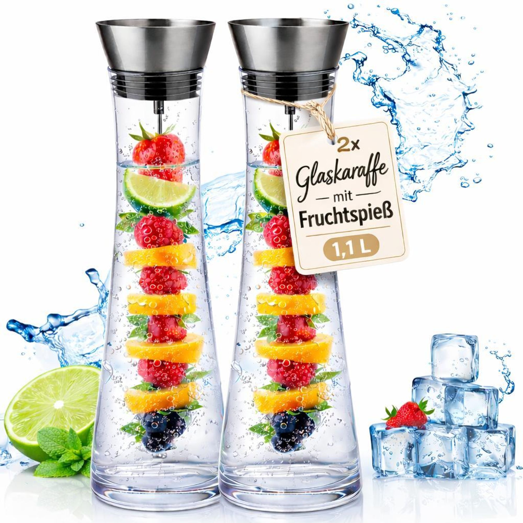 2er Set Glaskaraffe 1,1L mit Fruchtspieß Infuser – Wasserkaraffe aus Glas mit Edelstahl Deckel für Wasser, Eistee, Saft, Milch, Wein & Detox Drinks