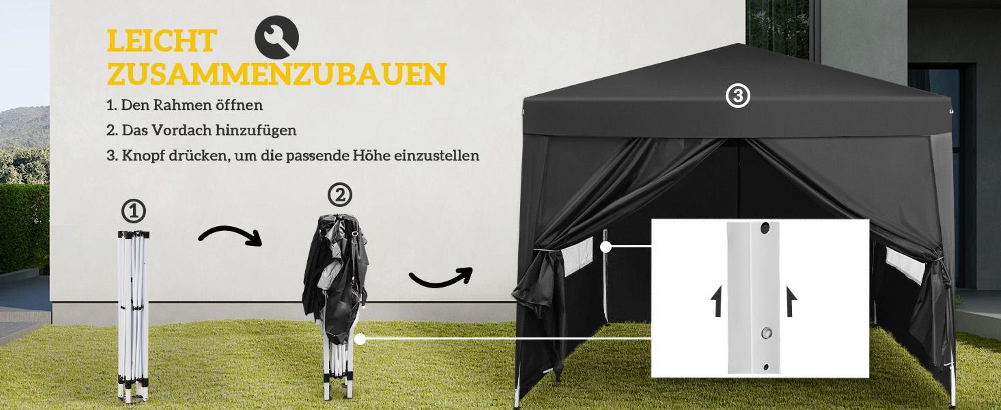 Outsunny Pavillon ca.3x3m, wasserabweisend Stabil Winterfest Pop-up Faltpavillon, UV Schutz 50+, Faltbar Partyzelt Gartenzelt mit 4 Seitenteilen Tasche Gartenpavillon für Camping Garten, Schwarz