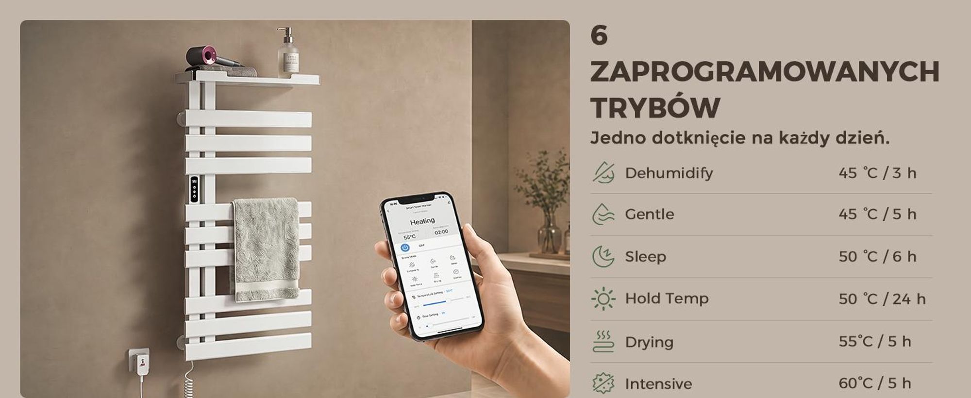 S'AFIELINA Grzejnik Łazienkowy Elektryczny 1050×500 mm 335 W Biały, Grzejnik na Ręczniki z Półką, WiFi, Ogrzewanie Włóknem Węglowym, 6 Trybów