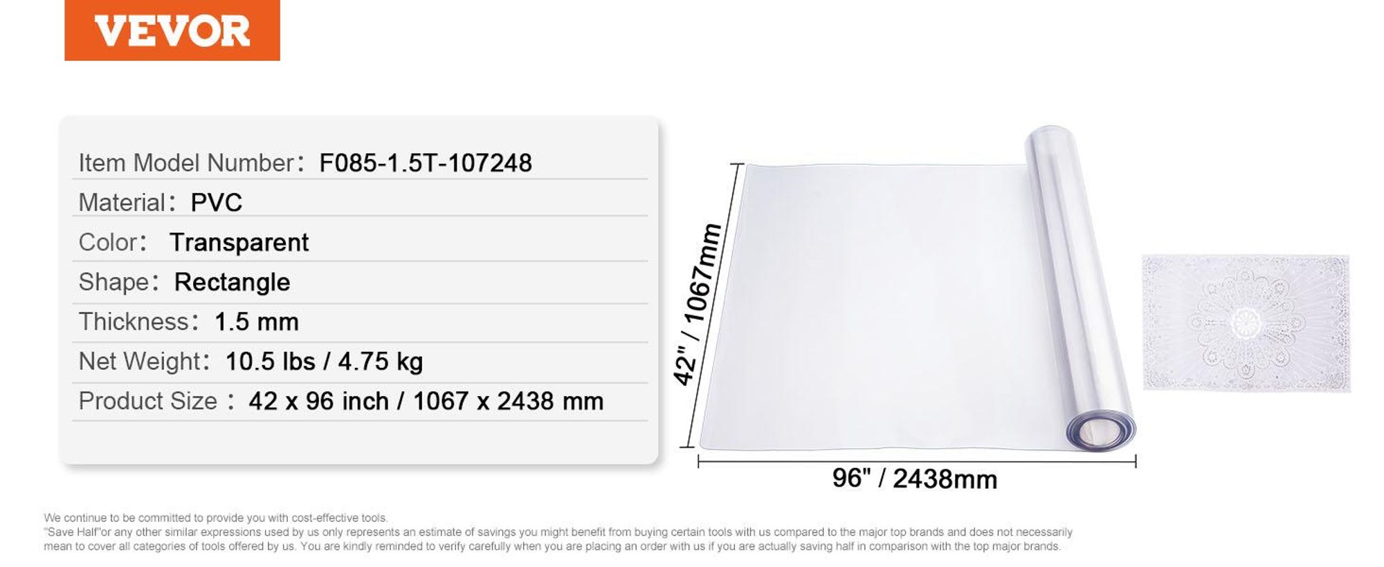 VEVOR Kunststofftischdecke, 42 x 96 Zoll 1,5 mm dicke klare Tischschutzmatte, rechteckige PVC-Schreibtischunterlage, wasserdicht & leicht zu reinigende Tischdecke, für Büromöbel Esstisch Nachttisch, 1067x2438 mm, 1.5 mm
