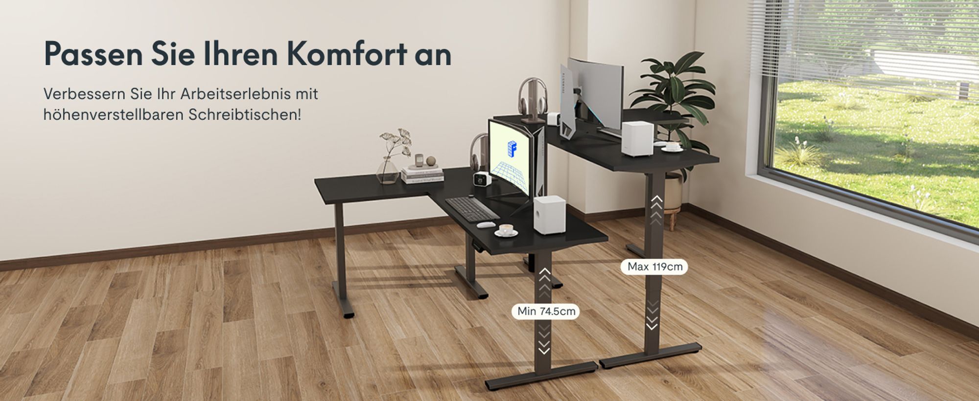 FLEXISPOT Höhenverstellbarer Schreibtisch 180x120cm L-förmiger Eckschreibtisch mit 3 Beinen, 4 Speicherplätzen, Antikollisionsschutz, LED (Schwarz)