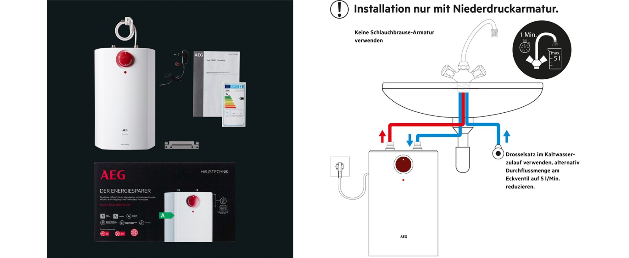 Unboxing/Lieferumfang Huz 5 ÖKO DropStop, Installation: Nur mit Niederdruckarmatur