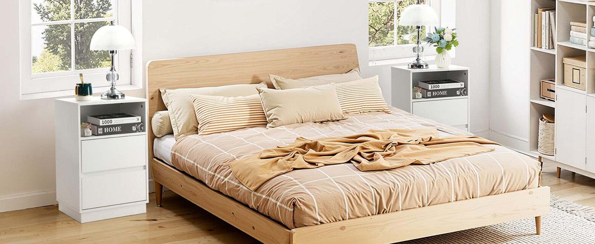 FCH Nachttisch, 2er Set, mit 1 offenem Fach, 2 Schubladen, 40 x 30 x 60 cm, Weiß