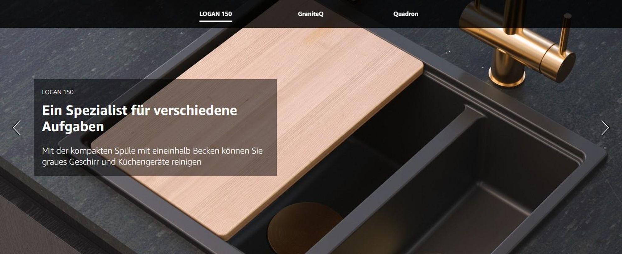 QUADRON Spülbecken 1,5-Becken Spüle | Größe: 55,5 x 46 x 22 cm | LOGAN 150 | Küchenspüle Granitspüle aus GraniteQ mit Siphon | Weiß + Golden