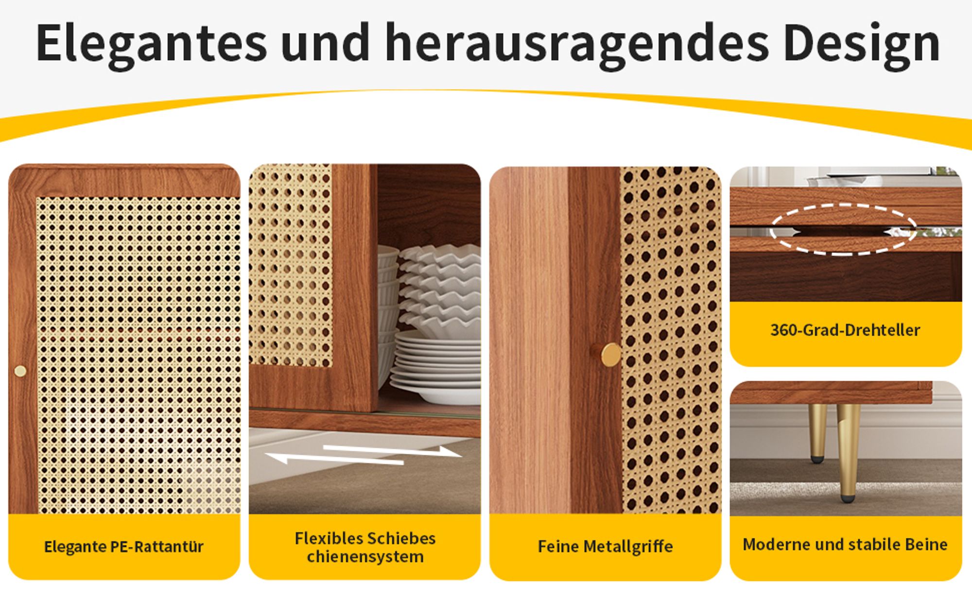 Flieks Bartisch 360°drehbar mit Rattan-Schiebetür, Stehtisch mit klappbare Tischplatte, Sideboard Essbar 120-187x40-80x76 cm, braun