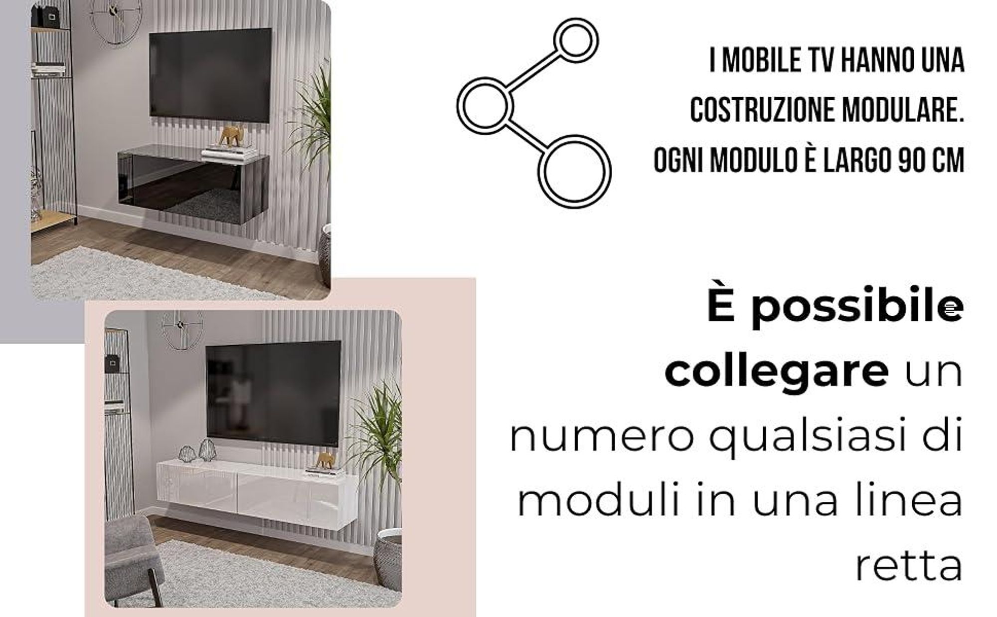 HAJDUK FURNITURE Mobile TV Sospeso Bianco Lucido 90 cm Supporto TV Parete Attrezzata Moderna Credenza Soggiorno Camera Ingresso