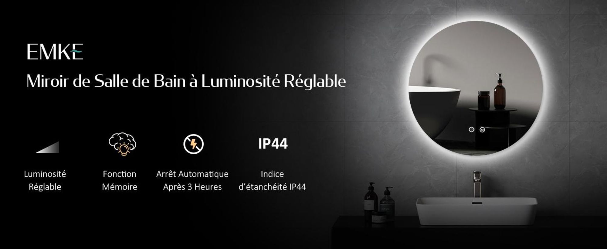 Miroir de salle de bain LED EMKE rond 60 cm Miroir LED Miroir de salle de bain avec éclairage Miroir lumineux blanc froid Miroir mural avec interrupteur tactile IP44 Économie d'énergie