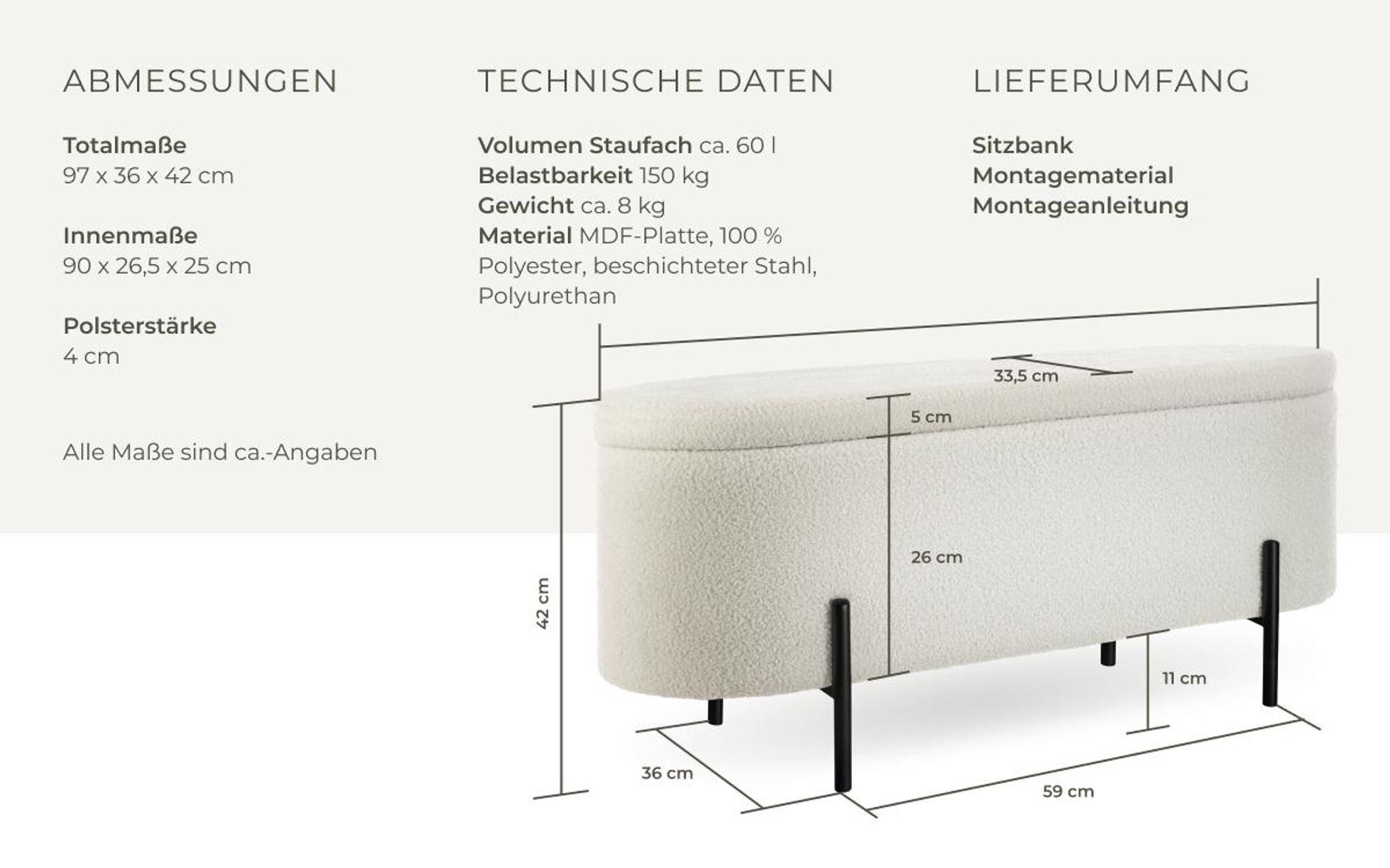 tectake® Sitzbank Lanja 96 x 36 x 43 cm