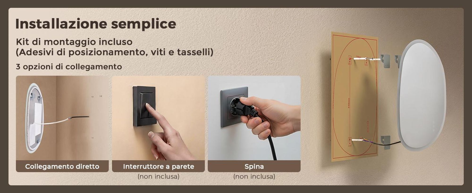 Specchio da bagno LED S'AFIELINA, 50x70 cm, asimmetrico, senza cornice, con dimmer, 3 tonalità di luce, antiappannamento, funzione di memoria, specchio da parete per bagno
