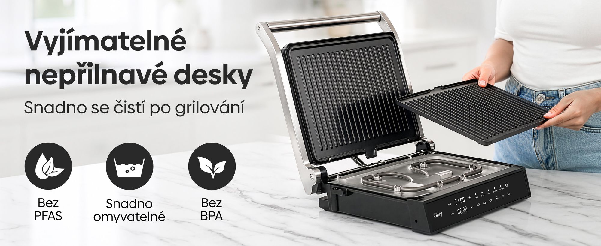 Kontaktní gril Olvy, 2000 W, elektrický gril a sendvičovač, 5 programů, panini gril, grilovací toustovač pro vnitřní použití, desky bez PFAS, stolní gril