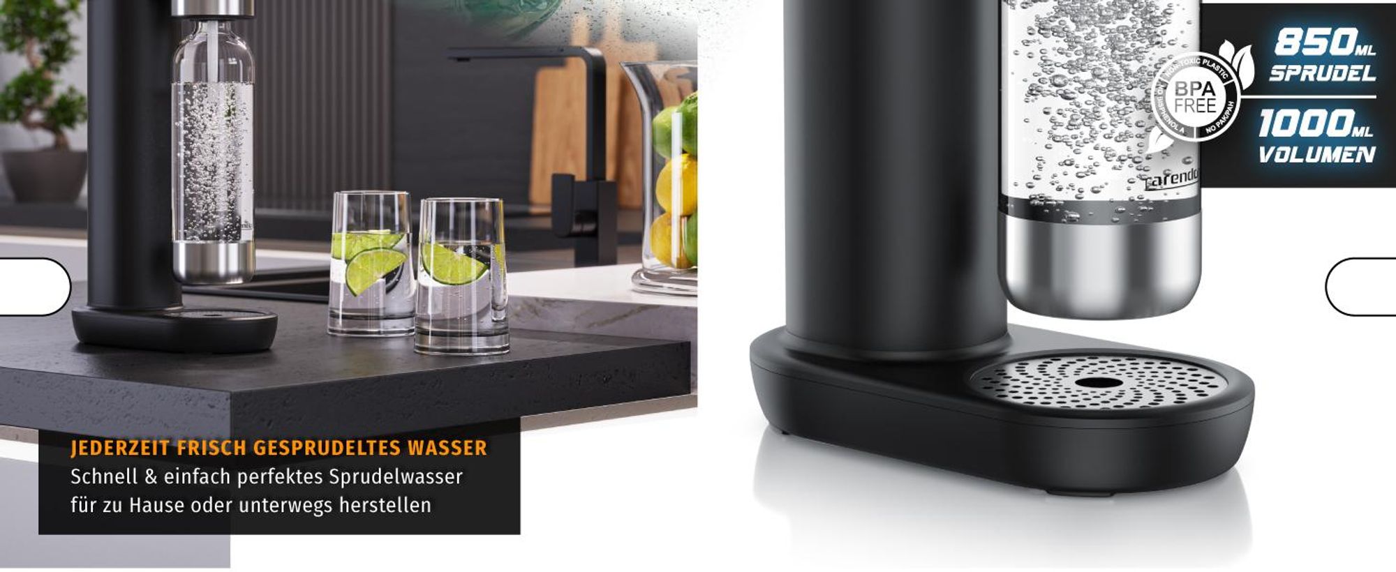 Arendo Wassersprudler, Soda Maker, inkl. 1L PET-Flasche, BPA-frei, fein dosierbar, kompatibel mit 60l CO2-Zylindern, SodaStream Easy/Cool, PET/ABS, schwarz