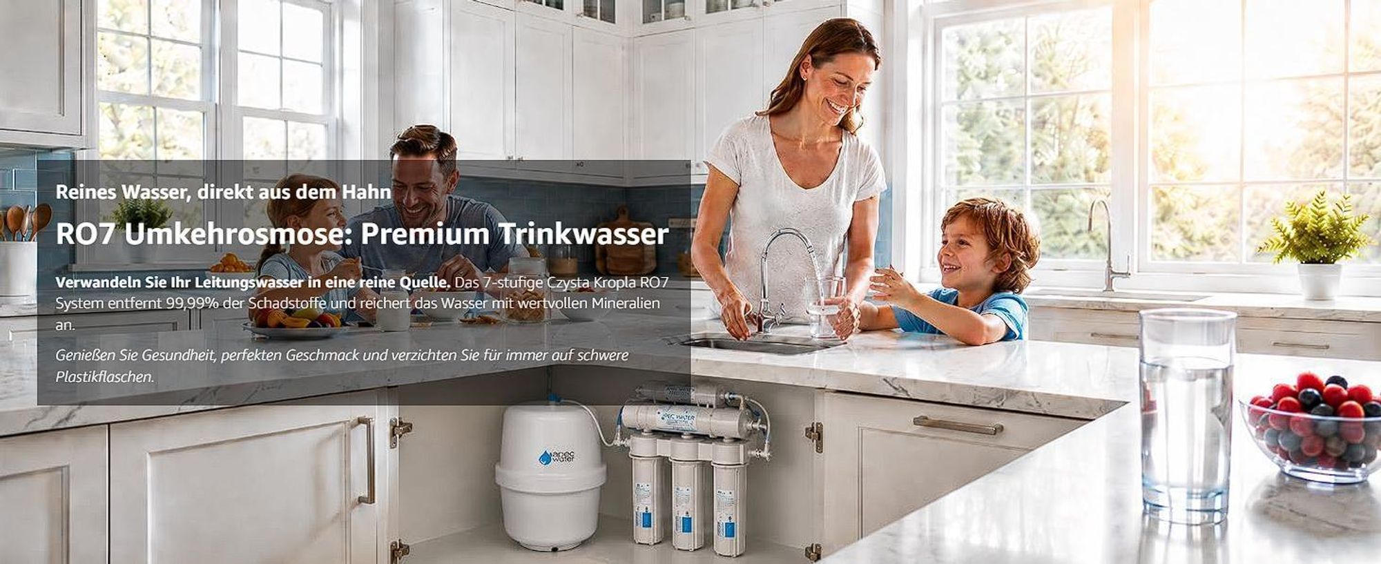 Wasserfilter Set RO7 mit 3-Wege Küchenarmatur Venom 2 Edelstahl, 7-stufige Umkehrosmose, Mineralisierung, Jonisierung