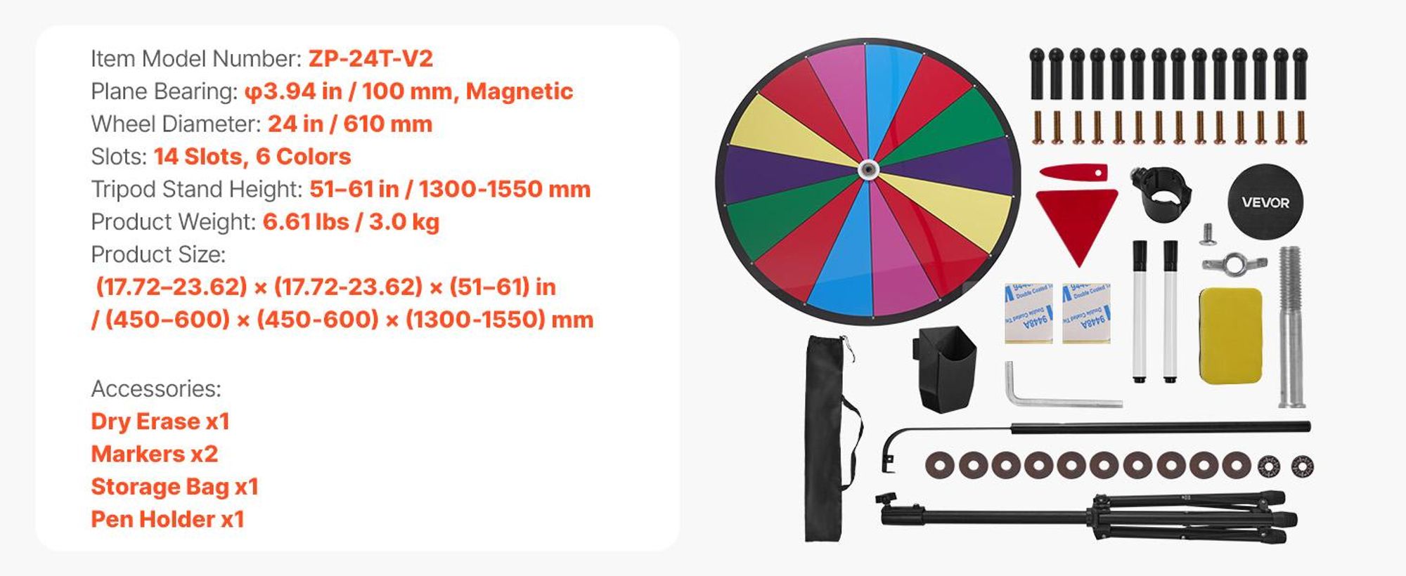 VEVOR 610 mm Drehpreisrad, 14 Slots Drehrad mit Stativ, höhenverstellbares Gewinnroulette mit einem abwischbaren Stift und 2 Markern, 6 Farben, einfache Montage, für Party, Pub, Messe, Karneval, Stativständer Stil, 14 Fächer