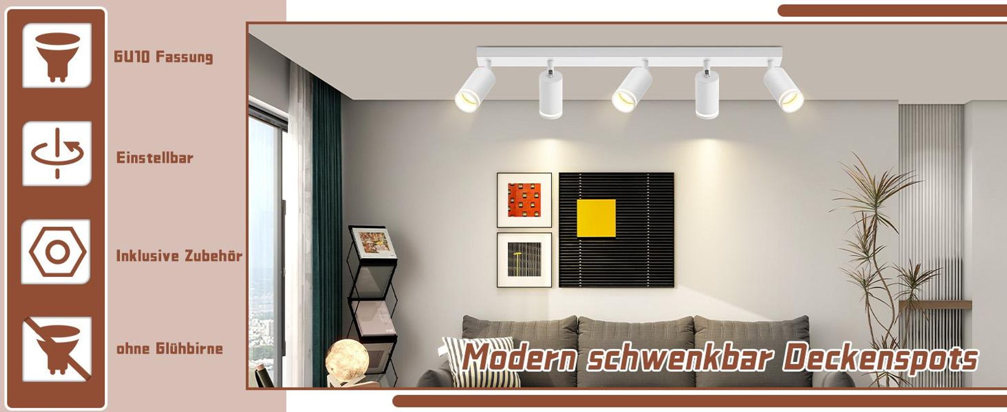 ZMH LED plafondlamp, 5 lichtpunten, wit. Plafondlamp met spots, GU10 fitting, verstelbaar. Metalen plafondspots voor hal, woonkamer, keuken, slaapkamer. Exclusief lampen
