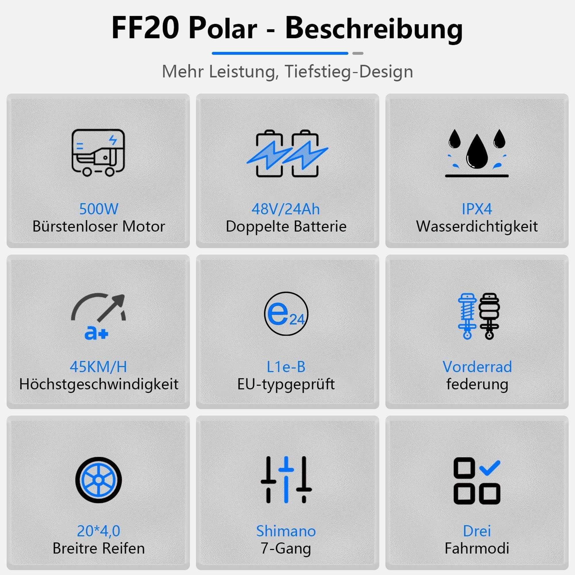 E-Bike FAFREES FF20 Polar - Batterie 48V12*2AH 20" Hydraulische Scheibenbremse - Grau Blau