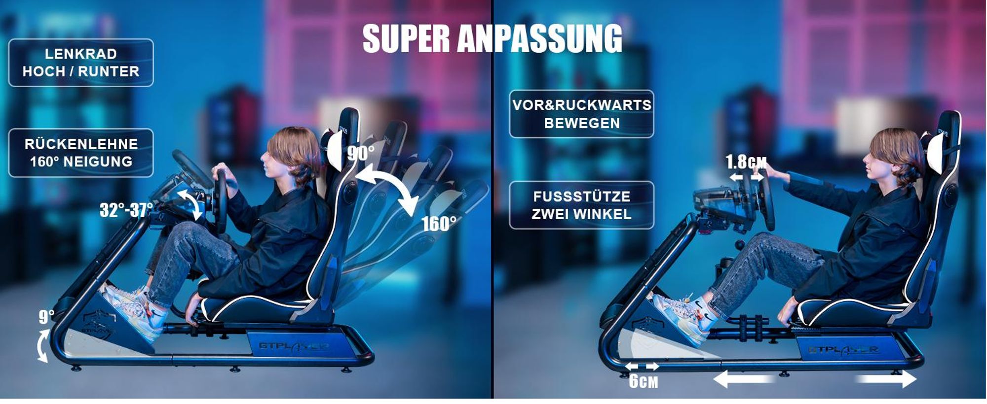 GTPLAYER Simulator Cockpit, SIM racing Cockpit, rennsimulator lenkradständer Gamingstuhl racing wheel stand mit Bluetooth-Lautsprecher und Pedalablage