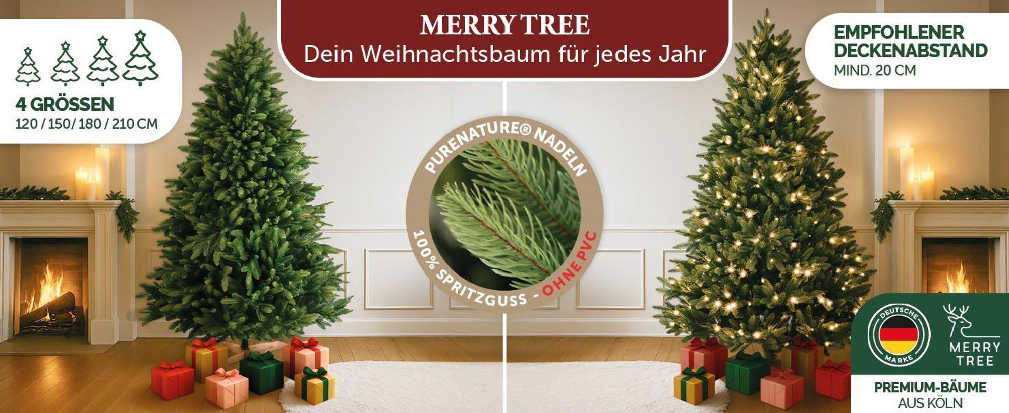 Merry Tree Luxus künstlicher Weihnachtsbaum 180cm - großer Weihnachtsbaum Spritzguss - naturgetreue PE-Nadeln inkl. edlem Holzfuß - Stamm im natürlichen Look - Tannenbaum künstlich - Nordmanntanne