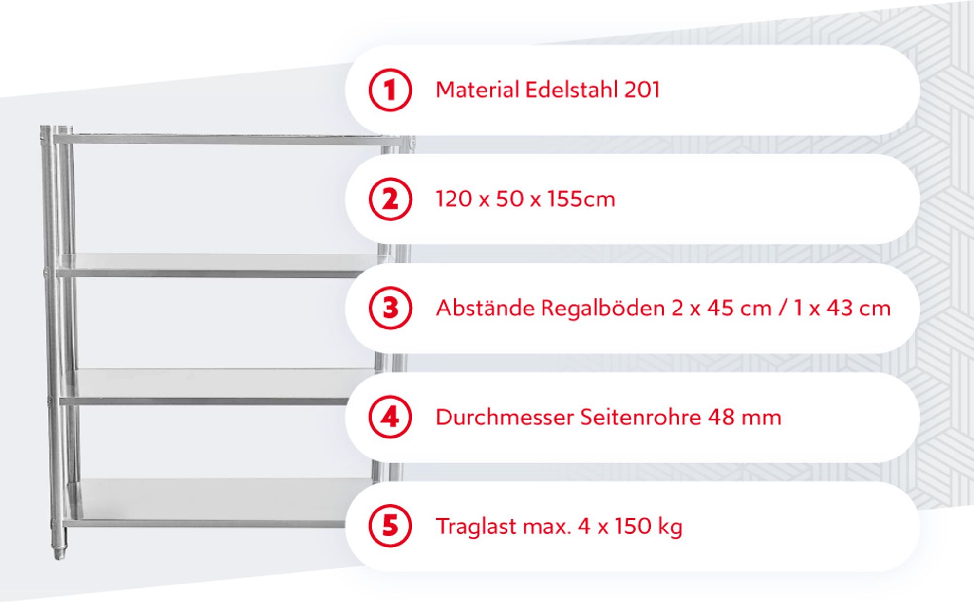 Wiltec Edelstahlregal Gastro Schwerlastregal 155x120x50cm aus 201 Edelstahl Küchenregal Vorratsregal Lagerregal für Küche Werkstatt und Keller