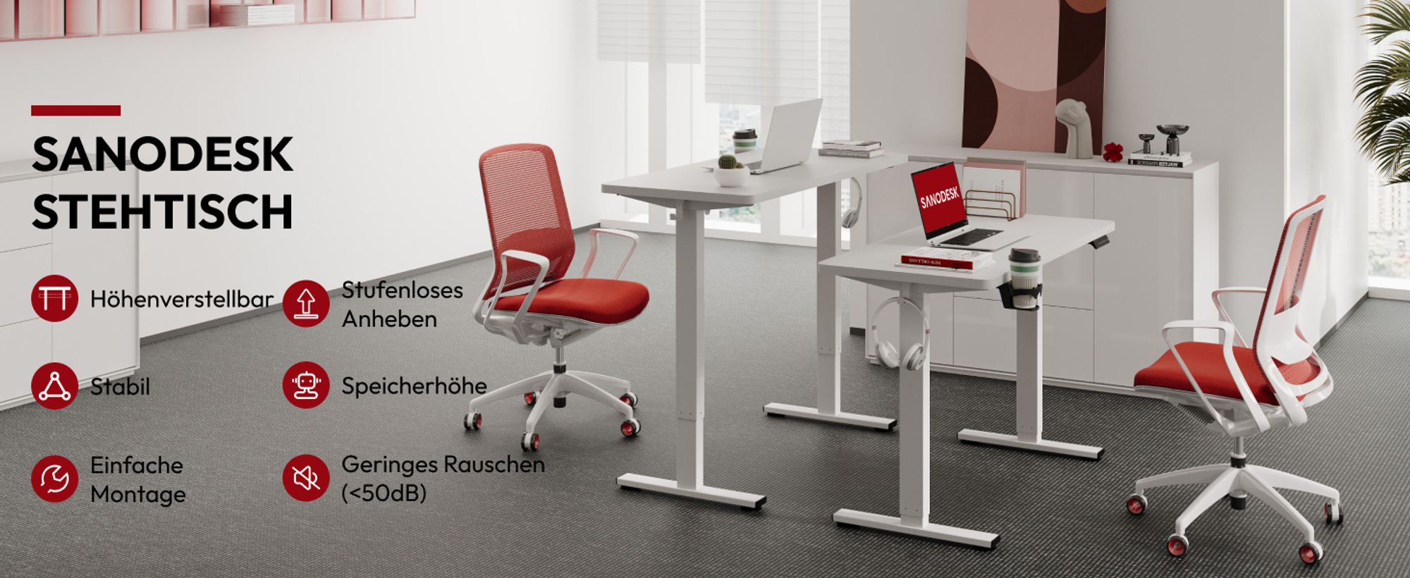 SANODESK Höhenverstellbarer Schreibtisch elektrisch 4 Memory-Funktion, Antikollisionsschutz, 70kg Tragkraft, mit Haken und Ablagebox 110x54cm (Weiß)