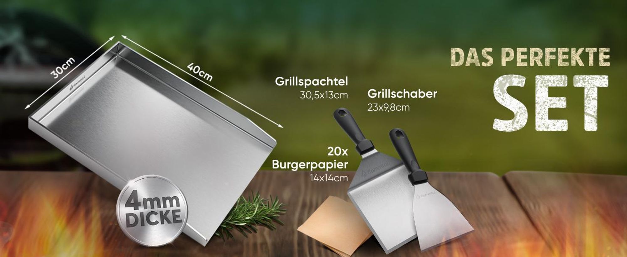 Flammtal [Das Original] – Grillplatte aus 4mm rostfreiem Edelstahl [40 x 30cm] – Plancha Grillplatte mit Grillspachtel Set & Burgerpapier (offen)