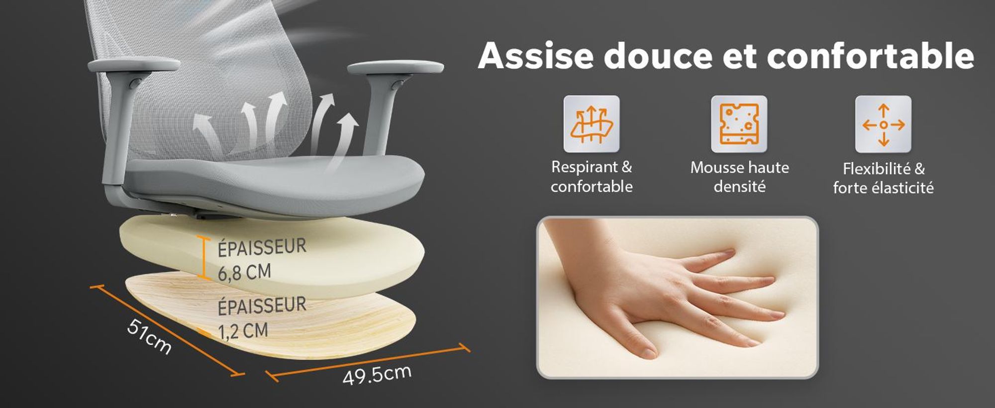 SENSE7 Moyo : chaise de bureau ergonomique, gris, accoudoirs 3D, dossier en résille, soutien lombaire, fauteuil de direction, chaise de bureau pour le télétravail, charge maximale 150 kg