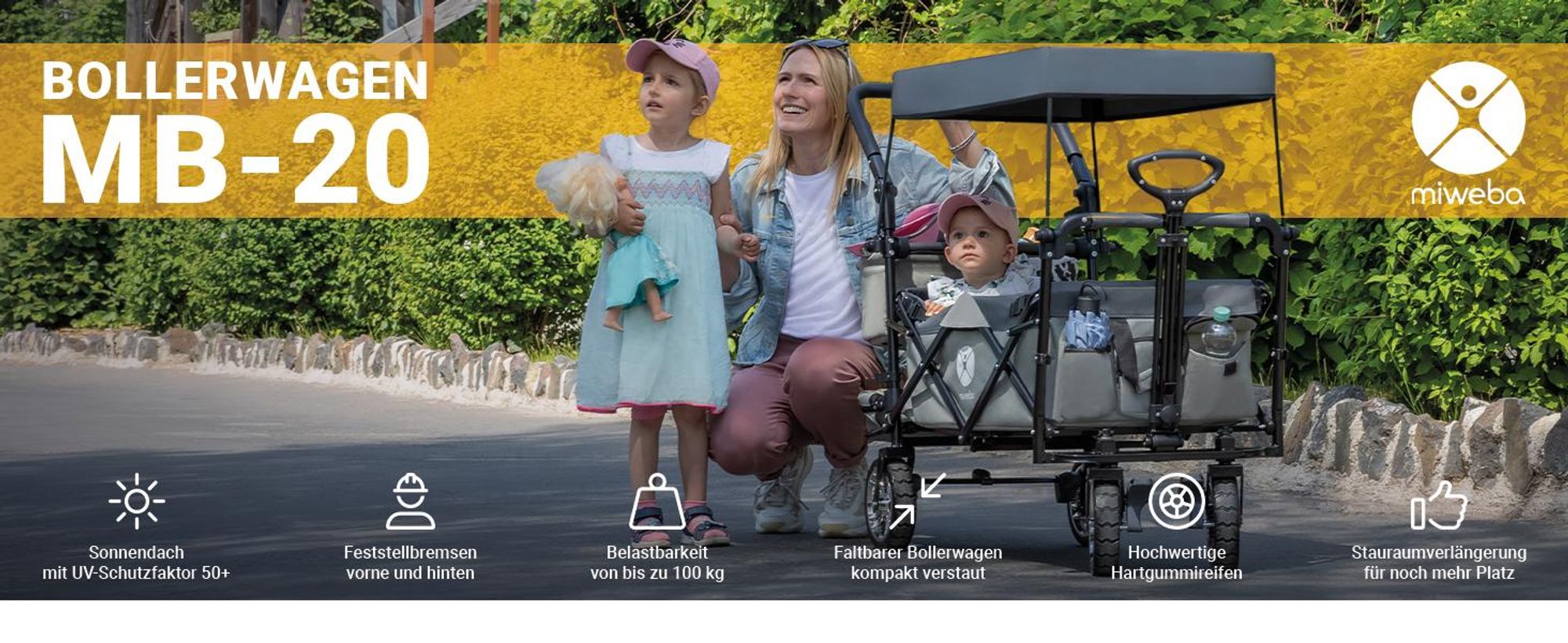 Miweba Bollerwagen MB-20 faltbar | Transportwagen mit Dach - Handwagen - Transportkarre - Hartgummireifen - mit Anschnall-Gurt -bis 100 kg (Beige/Rot)