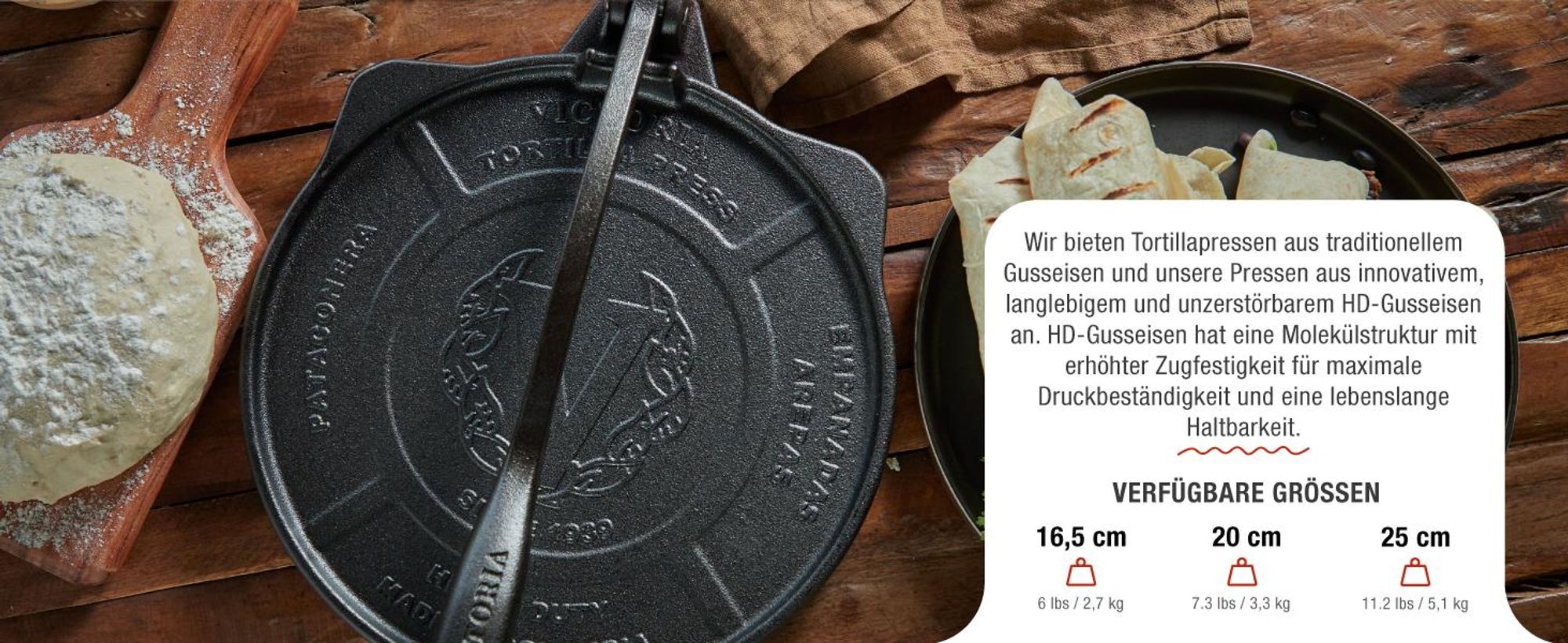 Victoria 34214 Tortilla Presse für Mexikanische Tortillas, Gusseisen HD 20 cm, Pataconera Schwarz