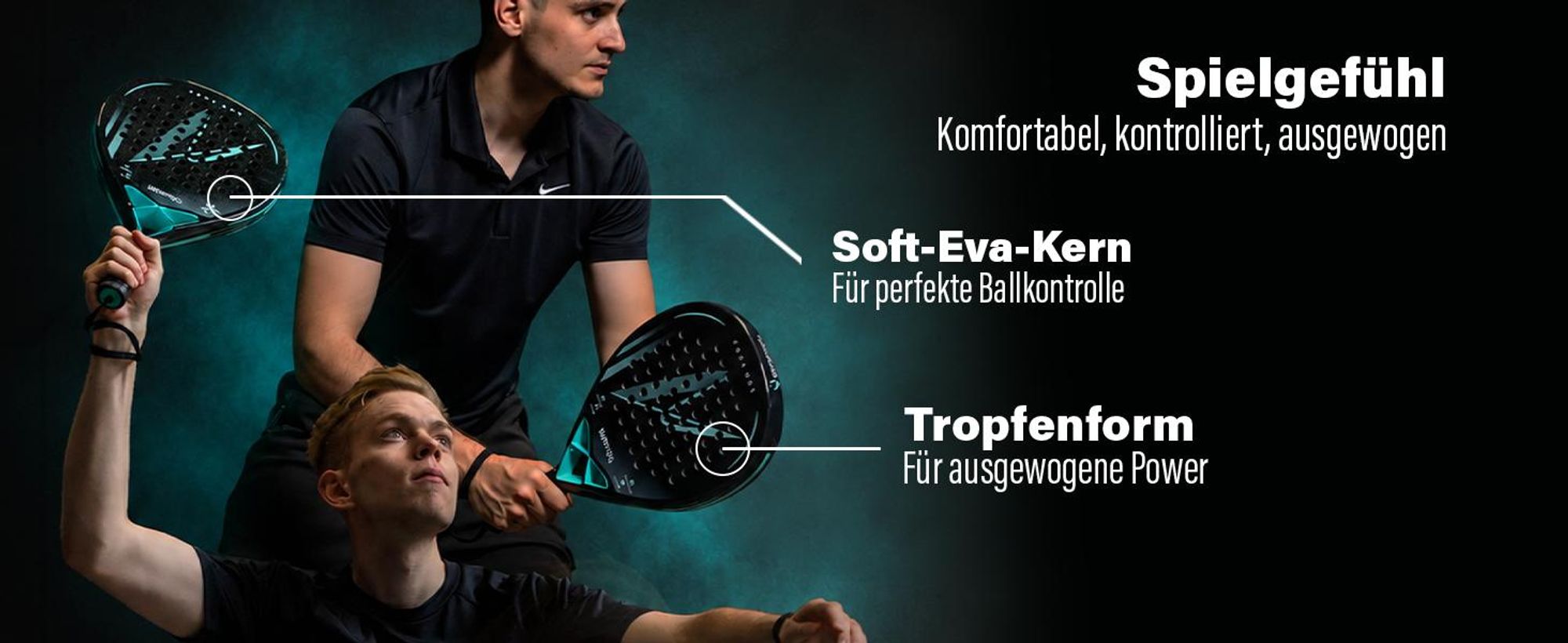 Padelspieler mit dem ZONE ONE: Soft-EVA-Kern für Ballkontrolle, Tropfenform für ausgewogene Power.