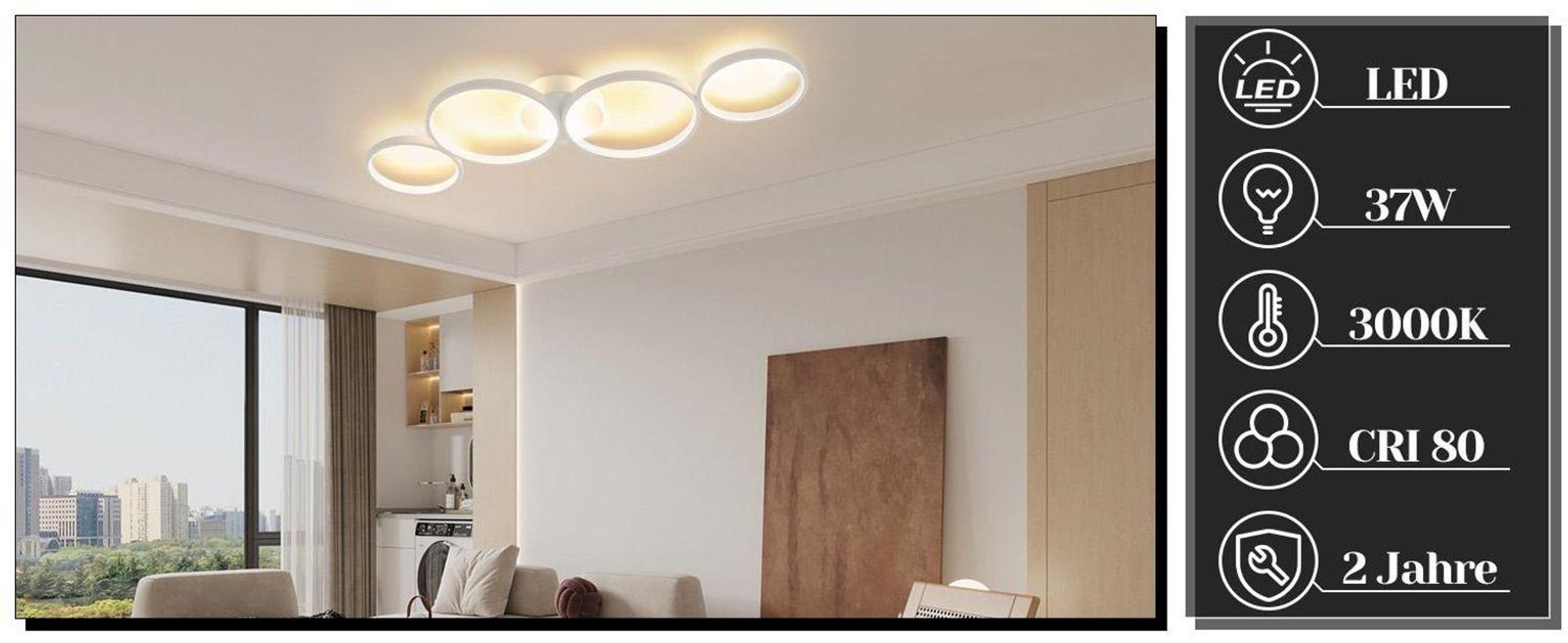 ZMH LED Plafonnier Noir 3000k Blanc Chaud Moderne 4 Flammes en Aspect Anneau Plafonnier Rond 37W Intérieur Métal pour Salon Chambre à coucher