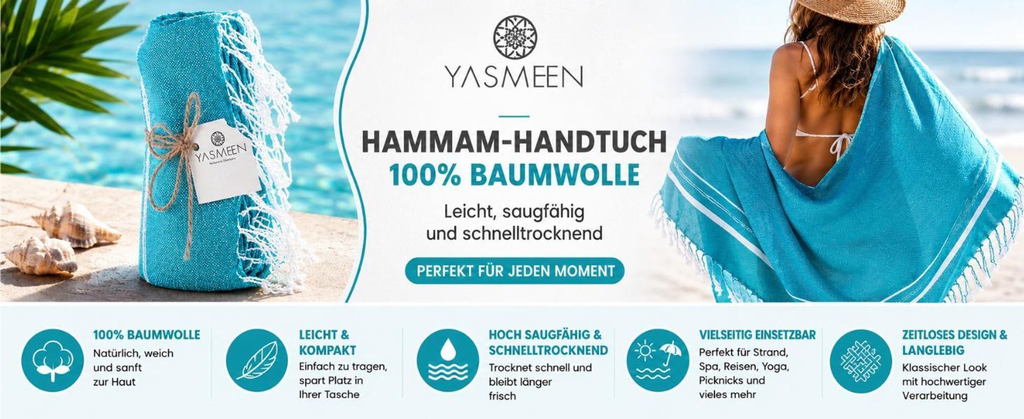 Badetuch 96 x 172 cm – 100% Baumwolle – 260 g/m² – Saunatuch – Strandtuch – Pestemal Hamamtuch - schnelltrocknend und leicht (Beige, 96x172 cm)