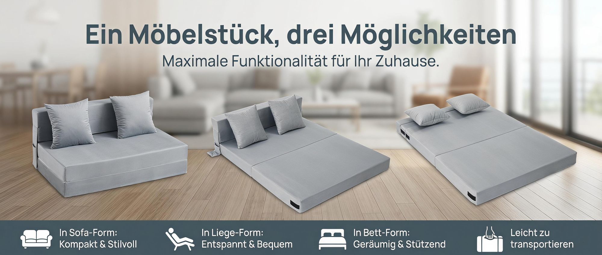Faltbares Schlafsofa 140x200 cm mit Kissen für Zwei, umwandelbarer Bodensessel mit Rückenlehne für kleine Räume, Büro & Gästezimmer, Grau