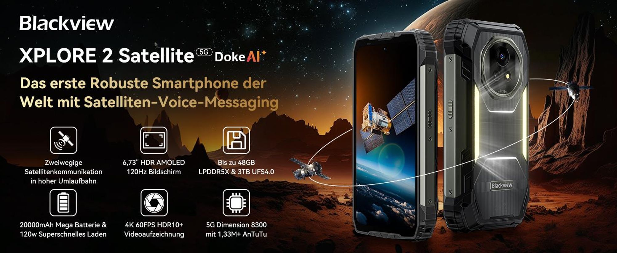 2026 Blackview Xplore 2 eSIM Satellitentelefon,5G Ohne Vertrag, 48GB+1TB, Dimensity 8300/120W,20000mAh,Infrarot-Fernbedienung,NFC/IP69K, ourdoor handy