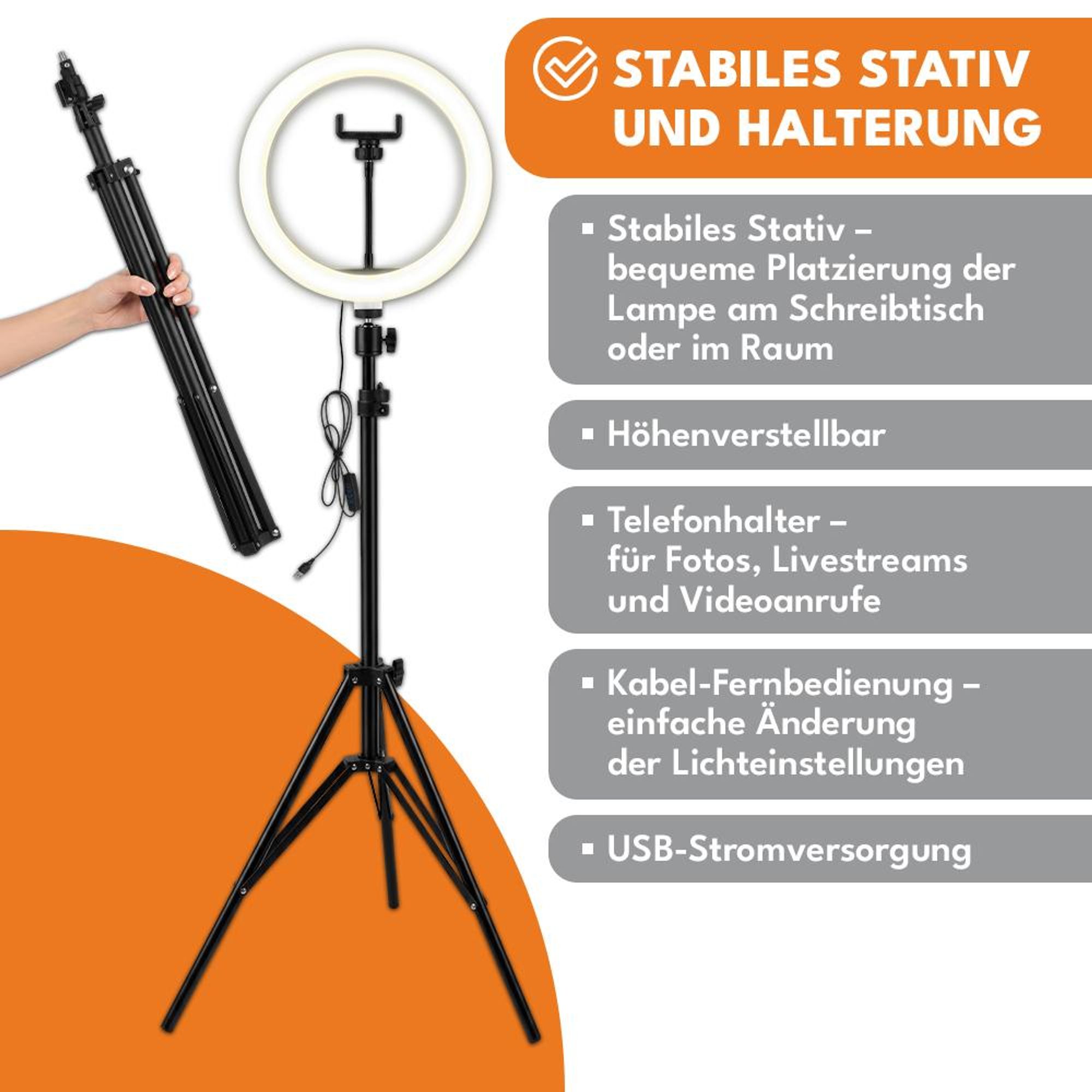 KRUMAD LED Ringlicht mit Stativ & Handyhalter, Ringleuchte für Fotos, Videos, Streaming, Make-up, Selfies & Videokonferenzen
