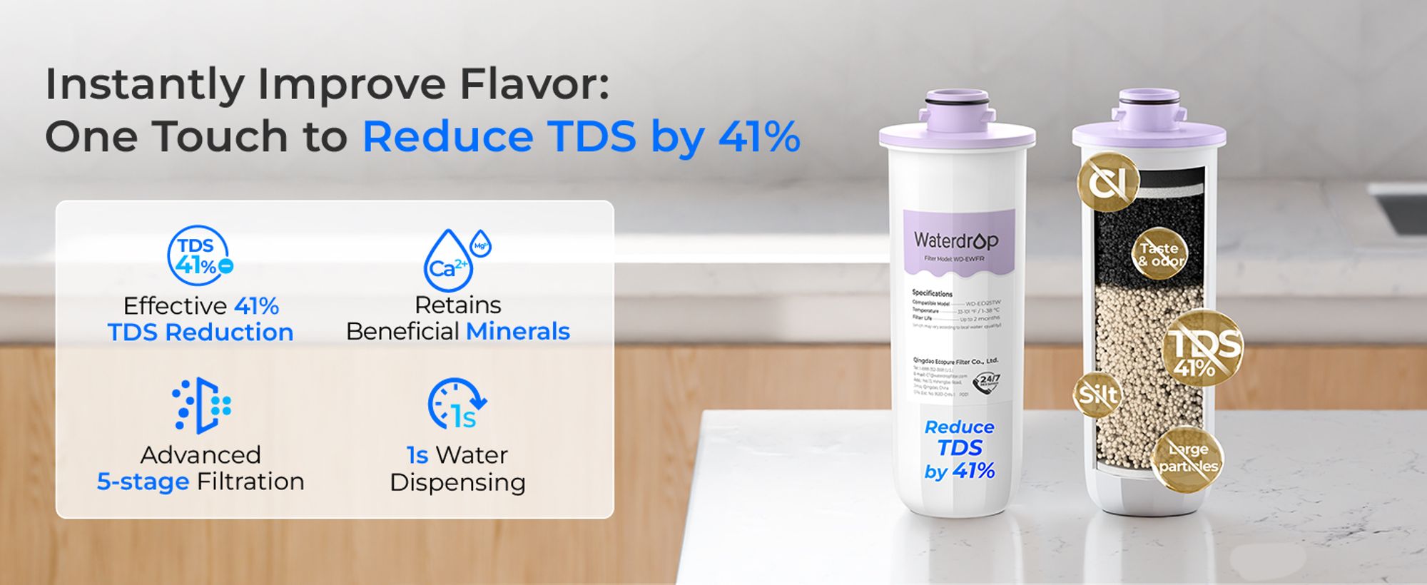 Waterdrop WD-EWFR Ersatzfilter für den wiederaufladbaren Waterdrop-Spender WD-ED25TW, reduziert TDS um 41%, behält wichtige Mineralien, 3er-Pack