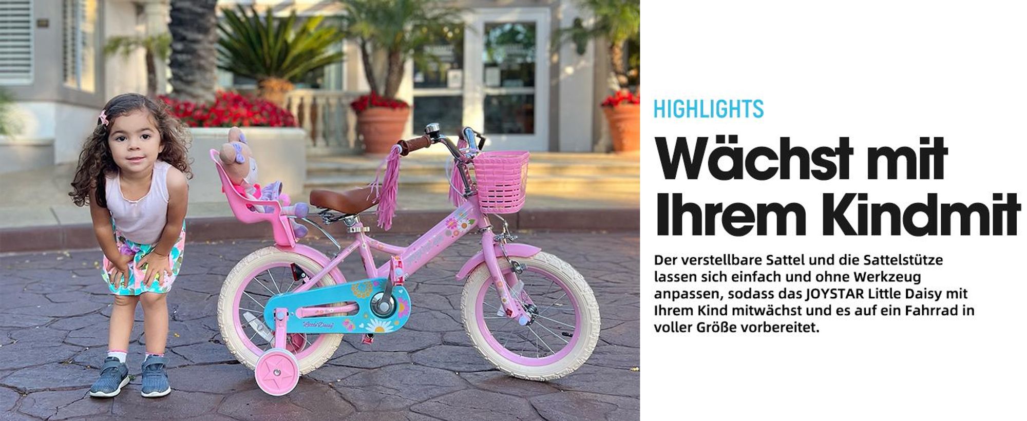 STITCH Kinderfahrrad 14 Zoll fahrrad für 2-7 Jahre Mädchen, Geschenk für Prinzessin,Mit Puppensitz, Bändern, Stützrädern, Korb, Weiß