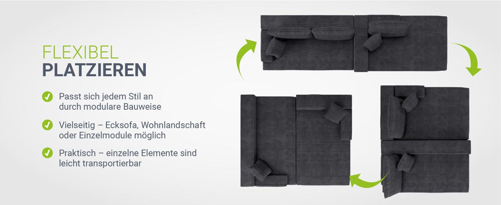 Juskys Sofa Coredo - Dunkelgrau, moderne Couch aus Cord mit Kissen, Ottomane rechts