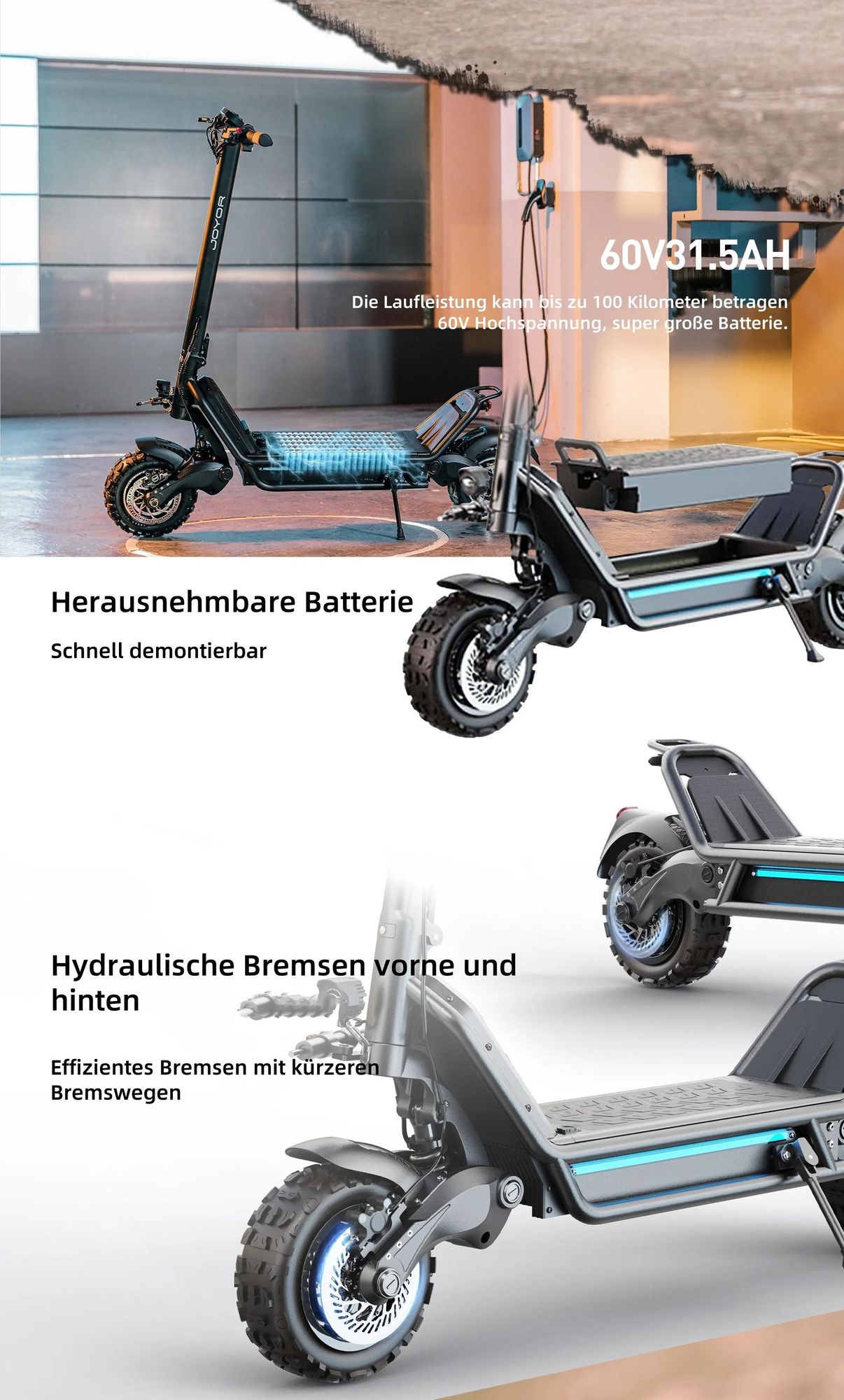 Elektroroller JOYOR E6-S - 1600W*2 Motors 60V31.5AH Batterie 85KM Reichweite Scheibenbremsen - Schwarz