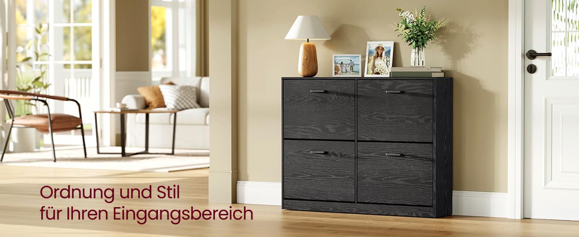 VASAGLE Schuhschrank 4 Klappen, Schuhkipper, Schuhregal, Schuhaufbewahrung, Trennwand verstellbar, für 16-28 Paar Schuhe, Flur, 24 x 105,5 x 82,7 cm
